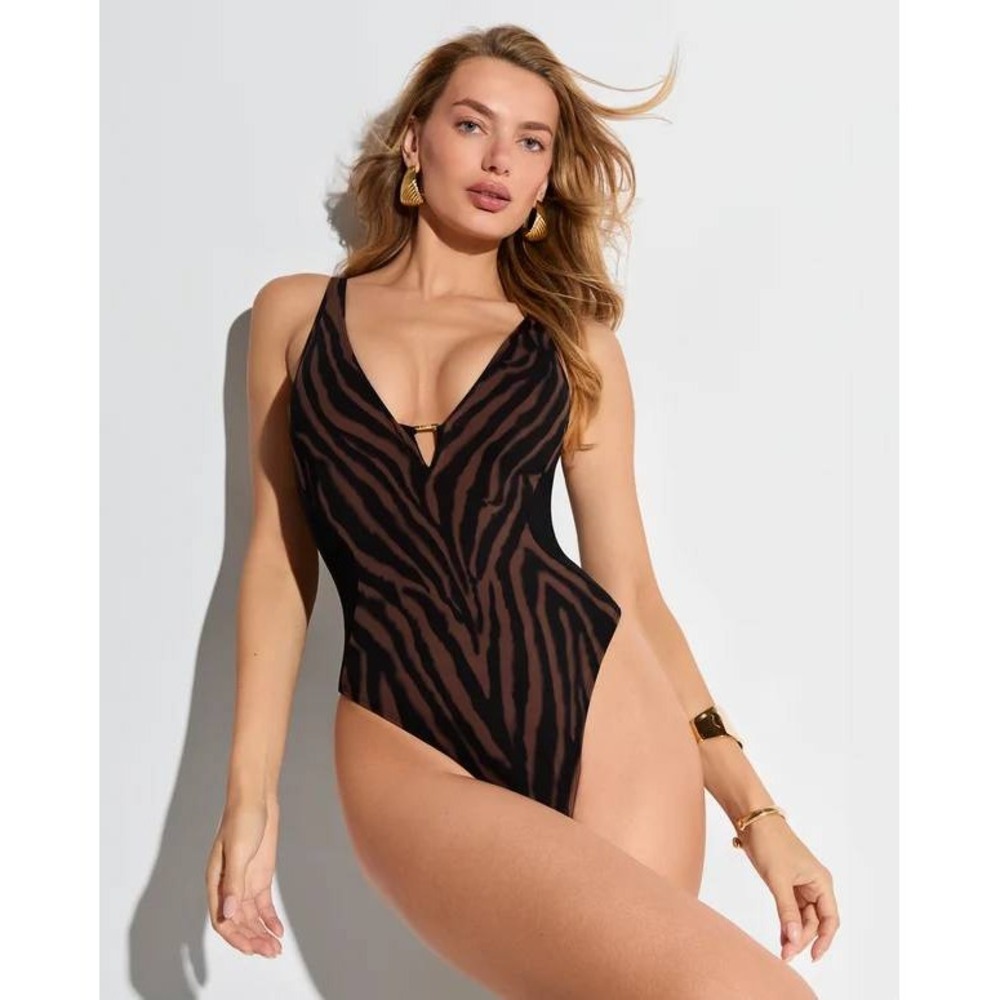 TA3 Hi Cut Plungey Triangle Contour One-Piece Swimsuit Mocha Zebra Black Large